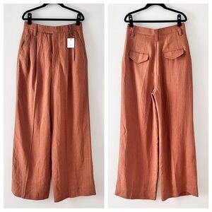 Zara NWT Linen Trouser Bottoms Wide-Leg High-Rise Pants Flap Pocket Orange Chic
